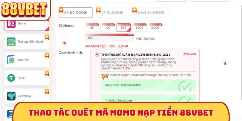 Thao tác quét mã Momo nạp tiền 88VBet